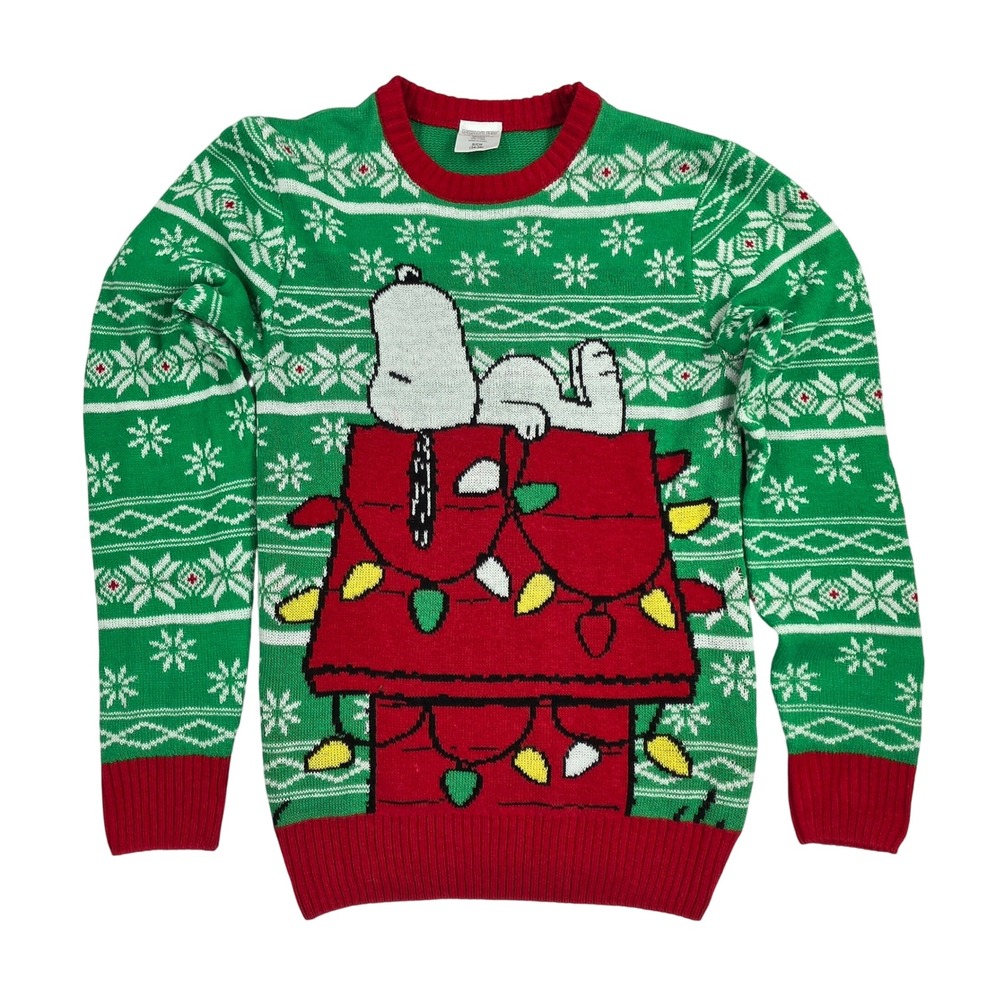 Peanuts Snoopy Christmas Sweater Green Red Fair Isle Holiday Doghouse Small